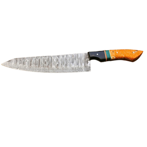 Cuchillo de Chef con Patrón Damasco Plateado y Mango Decorativo Naranja y Negro con Acentos Multicolor a Rayas, Cuchillo de Cocina Multiusos - Product Image 1
