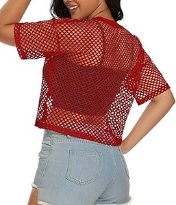 Camiseta de malla transparente sexy de moda, personalizable, informal, holgada, de encaje tejido, para mujer, camiseta de verano para la playa - Product Image 6