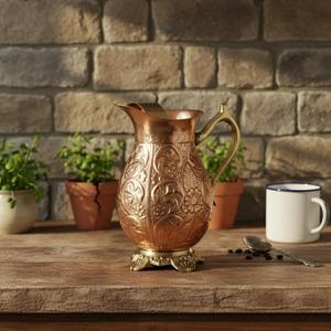 Carafe en cuivre artisanale avec poignée en laiton, décorée de motifs floraux, pot à eau ayurvédique avec couvercle - Product Image 5