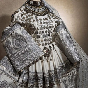 Silver Afghan Kuchi Dress With Heavy <b>Mirror</b> Work And Tribal Embroidery Shimmering Ethnic Maxi Gown For Weddings - Product Image 3