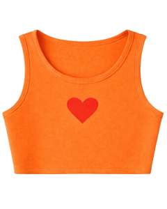 Conjunto de dos piezas casual para mujer: top corto acanalado y shorts con cordón, naranja brillante con estampado de corazón rojo, personalizado. - Product Image 2