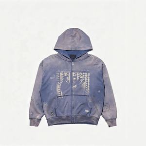 Sweat à capuche zippé oversize pour homme en molleton de coton bleu, écoresponsable, style streetwear, avec poche avant imprimée, coupe classique, hiver, 350g - Product Image 3