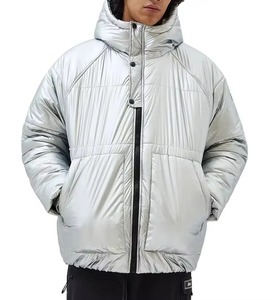 Men's <b>Silver</b> Hooded Puffer <b>Jacket</b> PU Coated Windproof Zipper Closure Casual Winter Wear Insulated Solid Color Regular Fit - Product Image 1