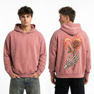 Sweat à capuche personnalisé épais rose délavé à l'acide pour homme, style vintage oversize streetwear, avec motif squelette et rose brûlée, en polaire - Product Image 1