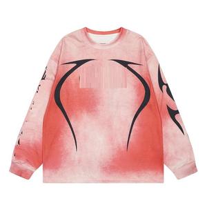 Oversized Long Sleeve <b>T</b>-<b>Shirt</b> Men's Streetwear Red Tie Dye Print Knitted O-Neck Breathable <b>Polyester</b> Top - Product Image 1