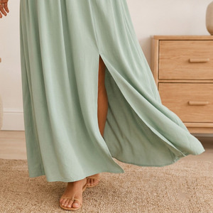 Robe de maternité smockée à épaules dénudées, longue, coupe trapèze, couleur unie, respirante, pour femme, idéale pour l'été - Product Image 3