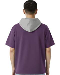 Sudadera con Capucha Personalizada para Hombre, Color Morado, Manga Corta, con Capucha Gris, Bolsillo con Rayas en Contraste, Estilo Casual Urbano, Venta al Por Mayor OEM - Product Image 2