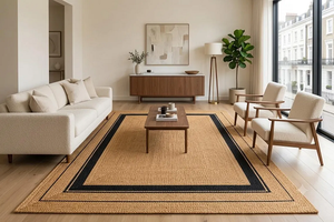 Natural Tan Jute Area <b>Rug</b> Handwoven with Black Border Farmhouse Boho <b>Rustic</b> Living Room Hall Natural Fiber Floor Carpet - Product Image 4