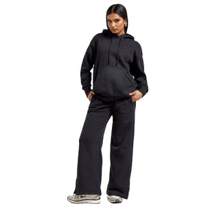 Chándal negro con capucha para mujer, manga larga, color sólido, corte holgado informal con bolsillos laterales, algodón de peso medio para mujer - Product Image 1