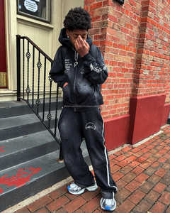 ชุดเสื้อฮู้ดและกางเกงขายาวสำหรับผู้ชายชุดเสื้อฮู้ดผ้าคอตตอน100% ลายพระอาทิตย์จางมีซิปรูดและกางเกงวอร์มตามสั่ง - Product Image 5