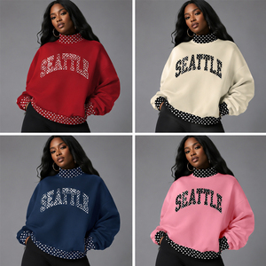 Sweat-shirt personnalisé OEM avec logo en chenille, appliqué en twill, lettres brodées, col à pois noir et blanc, col montant, coupe ample - Product Image 5