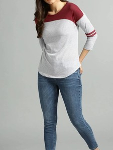 Camiseta Casual de Punto para Mujer, Más Vendida, con Bloques de Color, Manga Raglán, Cuello Redondo, Manga Tres Cuartos, Diseño de Rayas Grises y Rojas - Product Image 5
