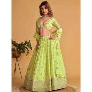 Stunning Lime Green <b>Sequins</b> Georgette Reception Lehenga Choli for Women - Product Image 6