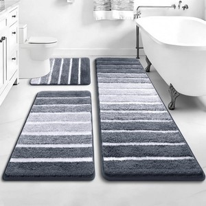 Juego de 3 Alfombras de Baño Modernas de Chenilla Gris a Rayas, Rectangulares, Antideslizantes, con Base de Goma, Gruesas y Afelpadas, para Uso Doméstico - Product Image 4