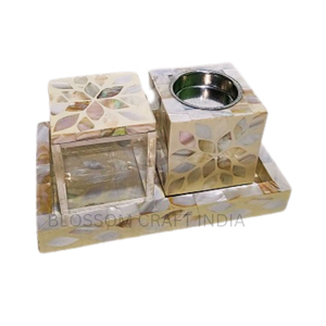 Ensemble de brûleur à encens arabe avec plateau incrusté de nacre et boîte de rangement en os assortie, fabriqué en résine, parfait pour un usage domestique - Product Image 6