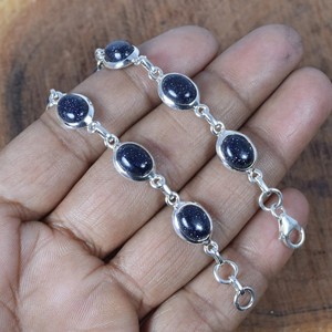 Blue Sandstone 925 Sterling <b>Silver</b> Minimalist Chain & Link Bohemian Style Gemstone <b>Bracelet</b> Fashion Jewelry for Unisex Wedding - Product Image 6