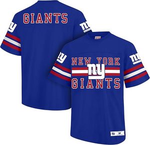 Maillot des New York Giants bleu royal avec logo rouge et blanc, manches rayées, broderie machine, matière polyester durable, séchage rapide - Product Image 1