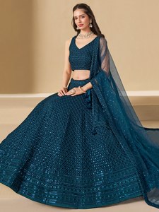 Blue Satin <b>Sequin</b> Embroidered A-Line Maxi Traditional Evening Dress V-Neck Sleeveless Party Wear Bridal Event Outfit - Product Image 3