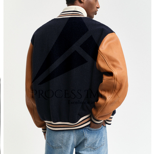 Chaqueta Varsity Azul Marino y Marrón para Hombre con Logotipo G Bordado, Cierre de Botones, Estilo Preppy, Ropa de Otoño - Product Image 3