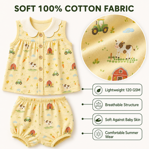 ชุดฤดูร้อนสำหรับเด็กแรกเกิด Happy Farm ผ้าฝ้าย 100% เสื้อแขนกุดและกางเกงขาสั้น คอระบายลายการ์ตูน ระบายอากาศได้ดี ปลอดภัยสำหรับเด็ก - Product Image 4