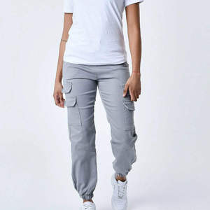 Pantalon cargo gris pour femme, taille mi-haute, élastique, longueur cheville, décontracté, couleur unie, avec poches, style printemps, en coton - Product Image 2