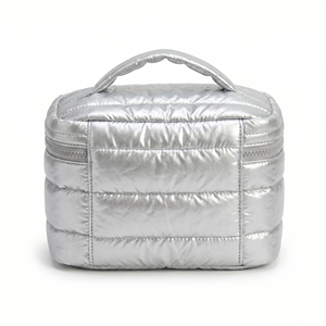 Rootsmen Custom Silver Thick Quilted PVC Waterproof Soft Lightweight Puffy Travel <b>Makeup</b> Bag Zipper <b>Storage</b> Women Fashion - Product Image 3