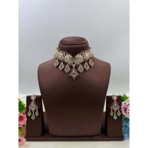 Indian Bridal Gold Plated Mohini Moissanite Choker Necklace & Earring Set - Product Image 1