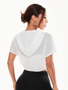 <b>Women's</b> <b>White</b> Chiffon Hooded <b>Crop</b> <b>Top</b> With Zipper Short Sleeve Summer Breathable Unlined Solid Color Casual Style - Product Image 3