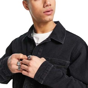 Veste en jean noire pour homme, patchwork, décontractée, respirante, en coton, col rabattu, coupe classique, simple boutonnage, manteau d'automne - Product Image 4