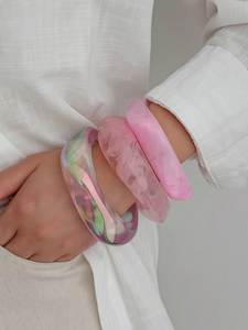 Beige Brown <b>Amber</b> Marble Swirl Resin Bangle Bracelet Stack Women Wide Chunky Glossy Wrist Cuff Fashion Jewelry Acrylic Arm <b>Ring</b> - Product Image 5