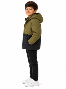 Blouson matelassé à capuche pour garçons, couleur olive et noir, chaud, hiver, manches longues, léger, fermeture éclair - Product Image 2