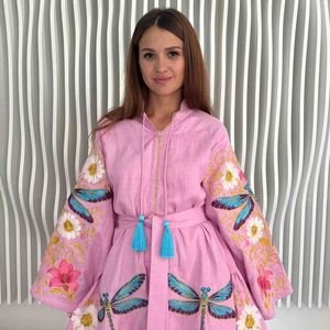 Minivestido bohemio de algodón para mujer, vestido informal étnico con bordado de mariposas rosas, estampado floral, lazo en la cintura y borlas - Product Image 1