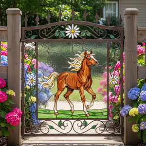 Puerta Batiente de Hierro con Diseño de Caballo en Vidrio Emplomado, Estilo Rústico, Recubrimiento en Polvo, Puerta de Patio Duradera - Product Image 1