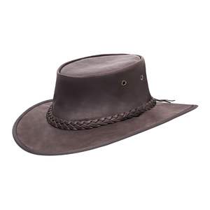 Sombrero de cuero marrón oscuro desgastado estilo Outback con corona plana, banda trenzada y ojales de latón - Product Image 4