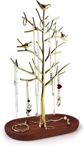 Golden <b>Tree</b> Jewelry <b>Stand</b> With Birds Metal Necklace Ring Holder Modern Desk Organizer Oval Base Storage Display Rack From India - Product Image 5