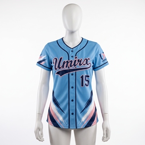 Camiseta de Softbol Personalizada Azul Cielo para Mujer, con Diseño Sublimado, Nombre y Número Bordados, Cierre Completo con Botones, Ajustada - Product Image 2