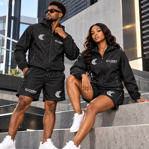 ชุดวอร์มแบบ unisex เสื้อแจ็คเก็ตมีฮู้ด กางเกงขาสั้น แห้งเร็ว ผลิตจากโพลีเอสเตอร์ เหมาะสำหรับใส่ในฤดูใบไม้ผลิ ชุดออกกำลังกายเข้าชุด - Product Image 4