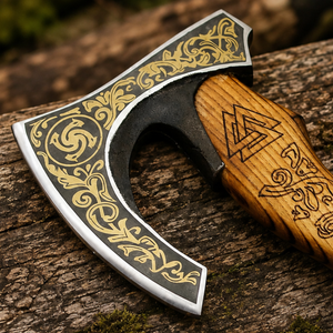 Hacha vikinga con cabeza de acero al carbono y mango de madera de fresno, pulida en negro, ideal para regalos de cumpleaños - Hacha vikinga con diseño de tomahawk y cuchilla de pizza. - Product Image 3