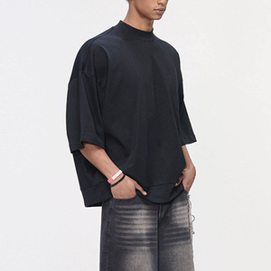 เสื้อยืดสตรีทแวร์ขายส่งทรงโอเวอร์ไซส์ สกรีนโลโก้ได้ ผ้าคอตตอนหนา 100% พิมพ์ลายลำลอง ทรงหลวม ไหล่ตก คอเต่า - Product Image 1