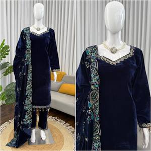 Conjunto de Salwar Kameez de Terciopelo Azul Marino Vintage de Secado Rápido con Dupatta Bordada, Traje Indio Pakistaní para Mujer, Ropa para Fiestas y Bodas - Product Image 4