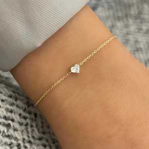 Heart Cut Lab Grown Diamond Solitaire <b>Bracelets</b> 10K 14K <b>Solid</b> Gold Prong Set Lobster clasp Minimalist 7in Adjustable Cable Chain - Product Image 1