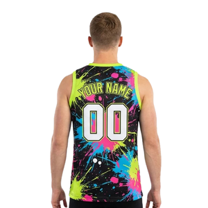 Ensemble short et maillot de basket pour homme 100 % polyester, imprimé éclaboussures de peinture, sans manches, col en V, uniforme d'équipe, taille élastique, bas ajustés - Product Image 4