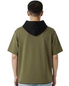 Camiseta con Capucha Personalizada para Hombre, Color Verde Oliva, Manga Corta, con Bolsillo Negro en la Capucha, Estilo Casual Urbano, Venta al Por Mayor OEM - Product Image 2