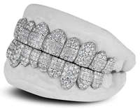 Grillz Hip Hop de Luxe, Ensemble Complet, avec Grappe de Moissanite Carrée Mixte, Perle d'Eau Douce Personnalisée en Argent, Plaqué Rhodium, Unisexe