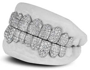 Ensemble de luxe complet de grillz hip-hop entièrement sertis de diamants ronds et carrés, personnalisés, en argent, pour dents - Product Image 2
