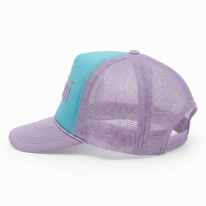 Casquette de camionneur unisexe adulte en maille turquoise et violette à 6 panneaux, réglable, avec logo imprimé en relief sur le devant, personnalisable, printemps-été - Product Image 2