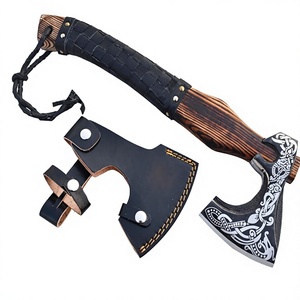 Viking Tomahawk Hatchet With Engraved Steel <b>Head</b> Wood Handle Leather Sheath Survival Axe Outdoor Use - Product Image 1