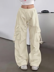 Spring/Summer Trendy Cargo Pants Loose Fit <b>Elastic</b> Waistband Large Pockets Tie-<b>String</b> Accents - Product Image 5