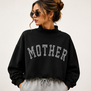 Personalized Gingham Embroidery <b>Chenille</b> Pattern Lettering Gameday Sporty <b>Jumpers</b> Oversized Mock Neck <b>Women</b> Pullover Sweatshirts - Product Image 1