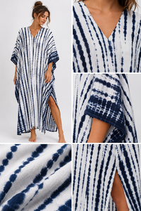 Vestido Maxi Kaftán Azul Marino con Estampado Tie Dye para Mujer, Cuello en V, Holgado, para Playa o Resort, Proveedor de Fábrica, Venta al Por Mayor - Product Image 5